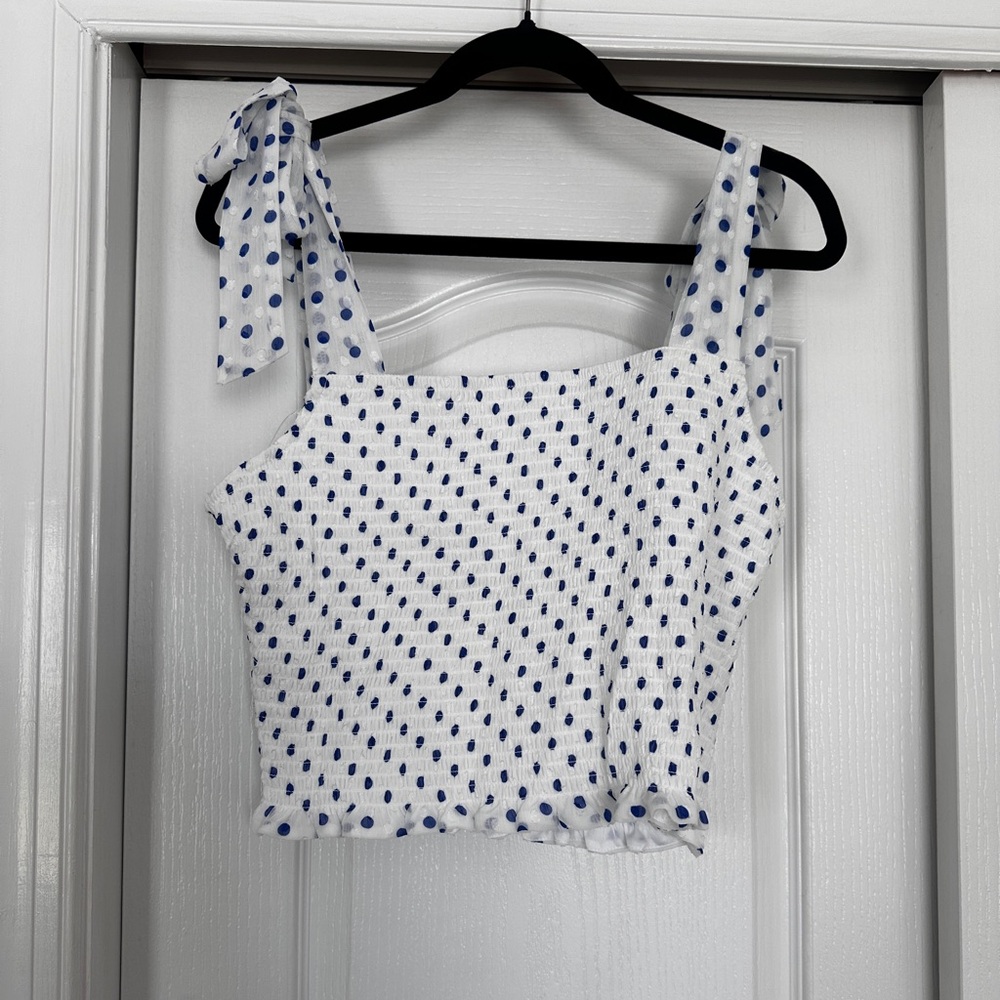NWOT Haver + Blair Smocked Blue and White Polka Dot Top